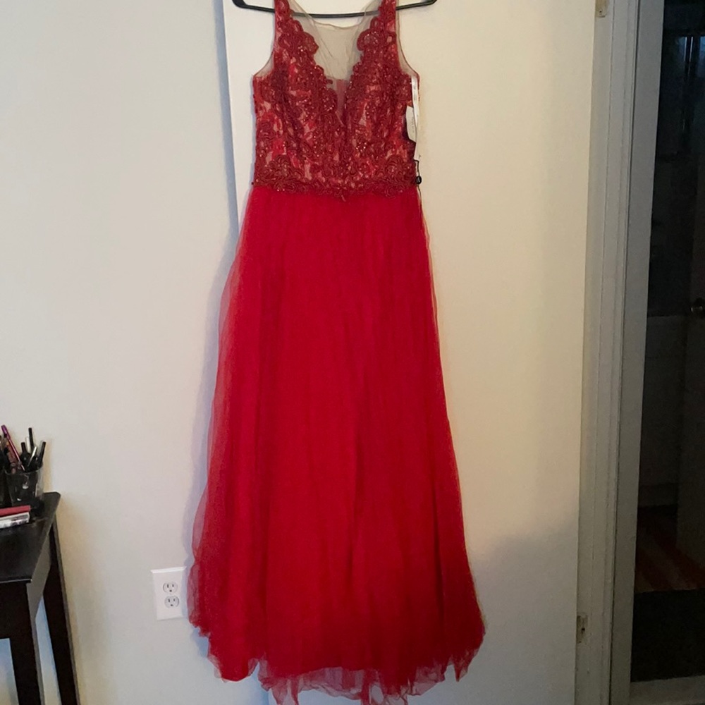 Red lace and sequin gown full tulle bottom